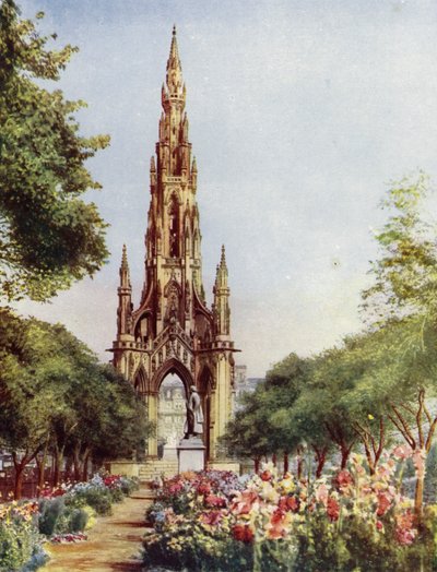 Edinburgh, pomník sira Waltera Scotta (barevná litografie) od English School
