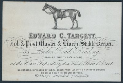 Edward C Targett, mistr práce a pošty a strážce stáje, obchodní karta od English School
