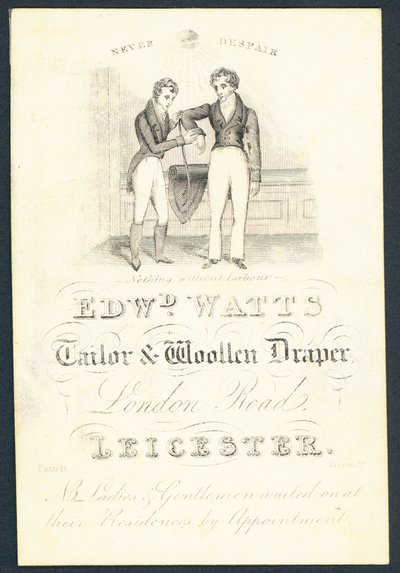 Edward Watts, krejčí a vlněný soukeník, vizitka od English School