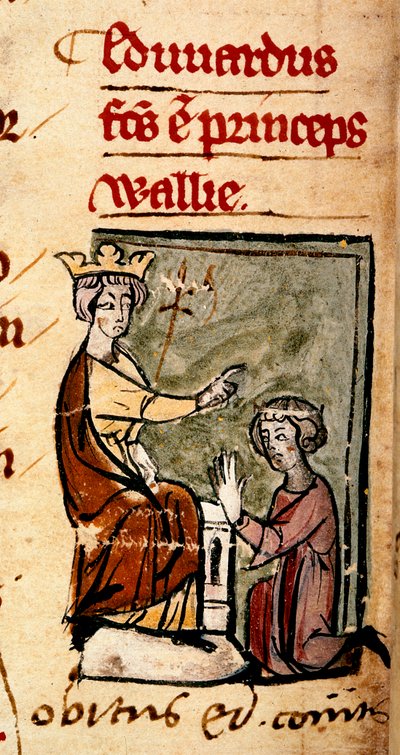 Edward z Caernarvonu [Edward II] vytvořil prince z Walesu a hraběte z Chesteru jeho otcem, králem Edwardem I., v parlamentu v Lincolnu, ilustrace z 