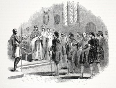 Edward První představuje velšským náčelníkům prince narozeného mezi nimi na zámku Rhuddlan od English School