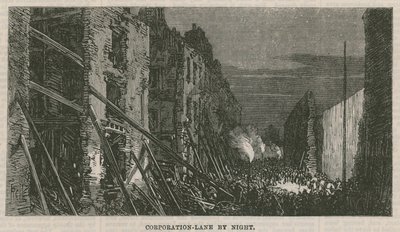 Účinky exploze v Clerkenwell: Corporation Lane v noci od English School