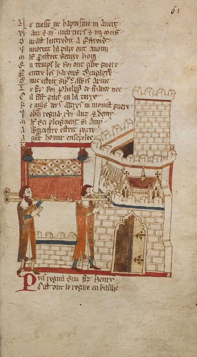 Egerton Ms 3028 f.061r Tělo krále Jana bylo převezeno do katedrály ve Worcesteru k pohřbu, ilustrace z „Romances in French Verse...“ od Roberta Wace, kanovníka z Bayeux (vellum) od English School