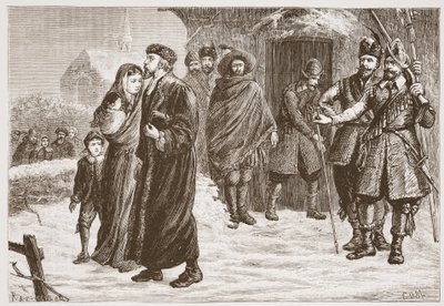 Vyhození maďarského protestantského pastora v zimním období, ilustrace z Historie protestantismu od Jamese Aitkena Wylie (1808-1890), hospoda. 1878 od English School
