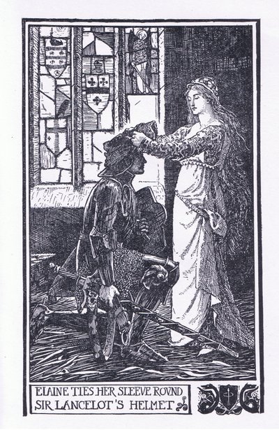 Elaine spojuje rukáv kolem helmy sira Lancelota, ilustrace z „Kniha romantiky“ vydaná společností Longmans Green and Co od English School