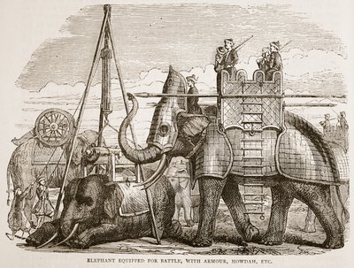 Slon vybavený pro bitvu, s brněním, howdah atd., ilustrace z Cassells Illustrated History of India od Jamese Granta, hospoda. 1879 od English School