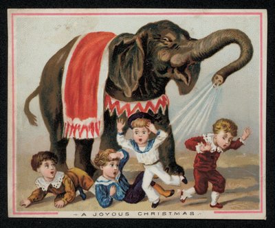 Slon hravě sprchuje děti vodou, vánoční přání. (chromolitho) od English School