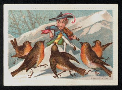 Elf s houslemi baví skupinu červenek, novoroční přání. (chromolitho) od English School