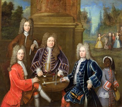 Elihu Yale (1648-1721), druhý vévoda z Devonshire, Lord James Cavendish, pan Tunstal a Page, kolem roku 1708 od English School