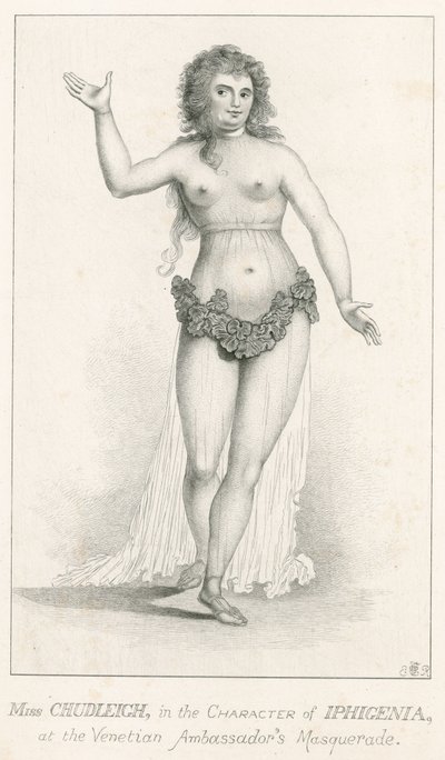 Elizabeth Chudleigh, v postavě Ifigenie na benátském velvyslanectví Masquerade, Ranelagh, Londýn od English School