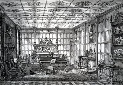 Elizabethan Dining Room, publikovaná v The House-Furnisher & Decorator, 1. října 1872 od English School