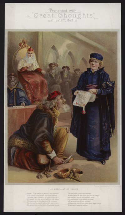 Ellen Terry jako Portia v Kupci benátském od English School