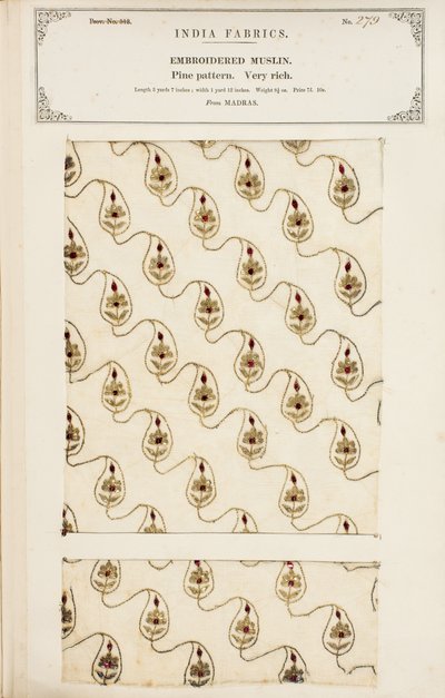 Vzorek vyšívaného mušelínu z Madrásu ze Sbírky indických textilních výrobců od Johna Forbese Watsona, vydané v roce 1866. od English School