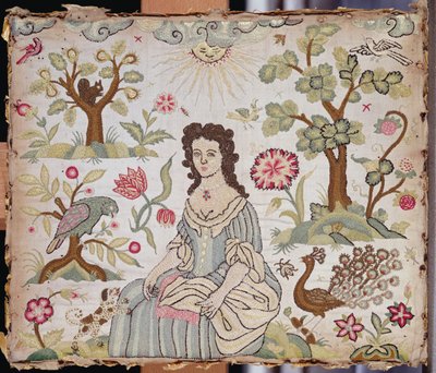 Vyšívaný panel zobrazující dámu v zahradě, cca 1700 (hedvábí) od English School