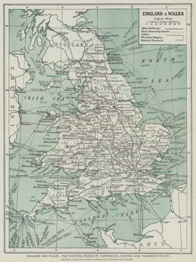 Anglie a Wales, Mapa zobrazující produkty, obchodní centra a dopravní trasy (litografie) od English School
