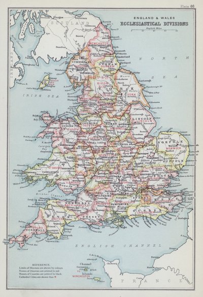 Anglie a Wales, církevní rozdělení (barevná litografie) od English School