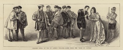 Anglická opera v Divadle svatého Jakuba, scéna z "Růže Kastilské" (rytina) od English School