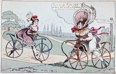 Anglická karikatura o hobby koních v roce 1819 (první kola) - v „“Teoretické a praktické cyklistice““ od Baudryho de Saulniera od English School