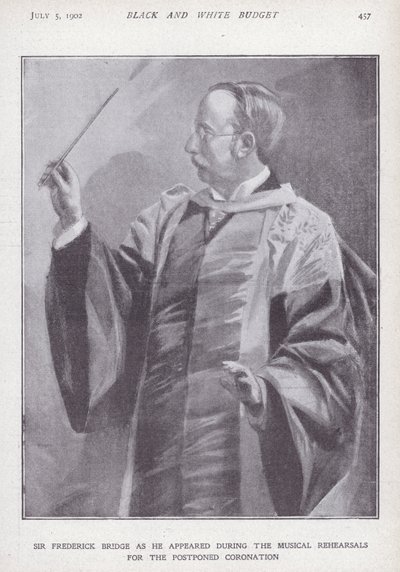 Anglický skladatel, varhaník a dirigent Sir Frederick Bridge zkouší na odloženou korunovaci krále Edwarda VII od English School