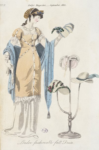 Anglická módní deska zobrazující mladou ženu, která si vybírá klobouk, 1812 od English School