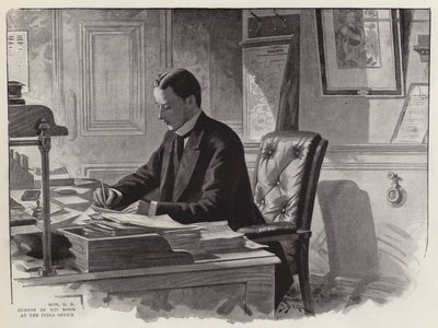 Anglický politik George Curzon při práci ve své kanceláři na India Office (litografie) od English School