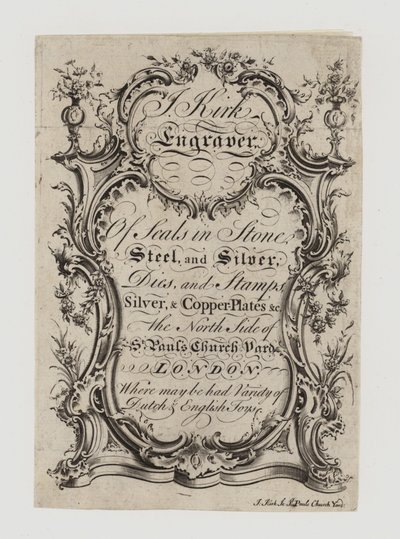 Engravers of Seals, J Kirk, obchodní karta od English School