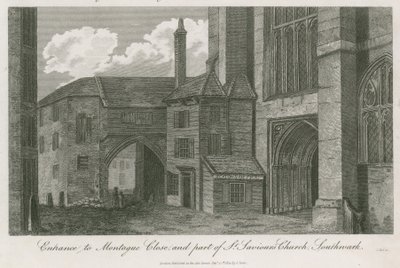 Vchod do Montague Close a část kostela St Saviours, Southwark, Surrey od English School