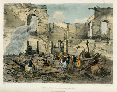 Vchod do zbrojnice, požár londýnského Toweru, 1841 od English School