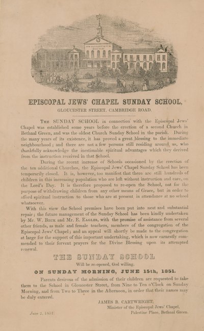 Nedělní škola v kapli biskupských Židů od English School
