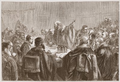 Episcopius promlouvá ke členům synodu v Dort, ilustrace z Historie protestantismu od Jamese Aitkena Wylie (1808-1890), hospoda. 1878 od English School