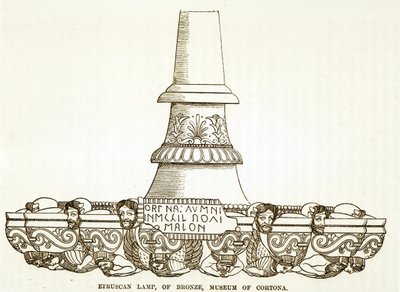 Etruská bronzová lampa v muzeu Cortona (rytina) (černobílá fotografie) od English School