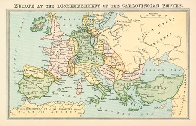 Evropa v době rozpadu karlovské říše (barevná litografie) od English School