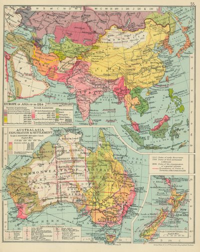 Evropa v Asii do roku 1914. Australasia Exploration  Settlement (barevná litografie) od English School