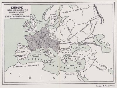 Evropa na počátku 9. století, říše Karla Velikého (barevná litografie) od English School