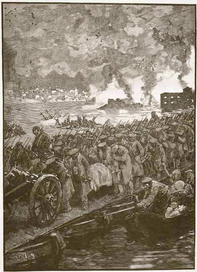 Evakuace Sebastapolu, ilustrace z Cassells Illustrated History of England (sépiová fotografie) od English School
