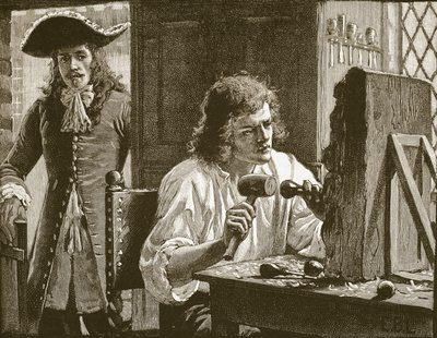 Evelyn discovering Grinling Gibbons, ilustrace z Cassells Illustrated History of England (sépiová fotografie) od English School