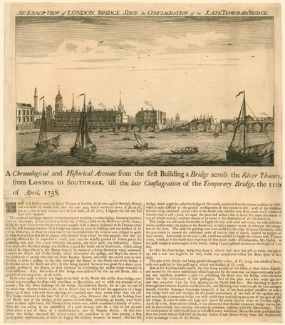 Přesný pohled na London Bridge od požáru pozdního dočasného mostu, 11. dubna 1758 od English School