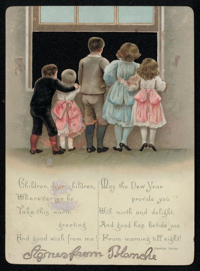 Nadšené děti při pohledu z okna, novoroční přání. (chromolitho) od English School