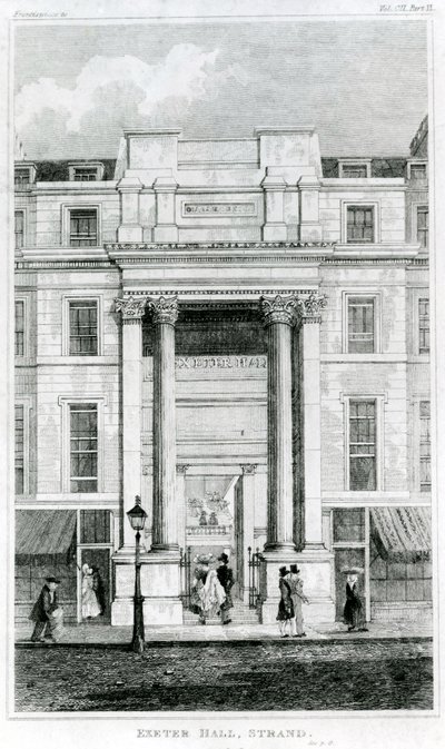 Exeter Hall, Strand, Londýn z Gentlemans Magazine od English School