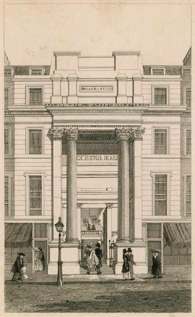 Exeter Hall, Strand, Londýn; z Gentlemans Magazine; důkaz od English School