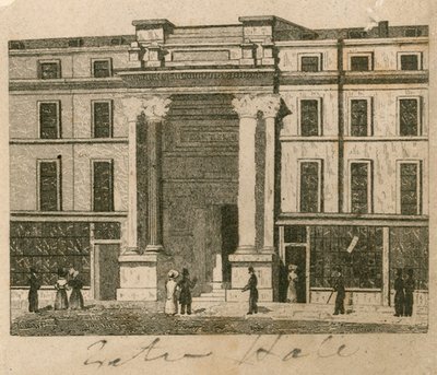 Exeter Hall, Strand, Londýn; důkaz od English School
