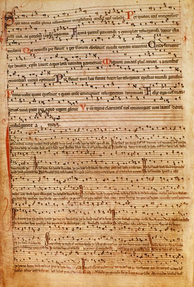 F.154v Středověká hudební notace (litho) od English School