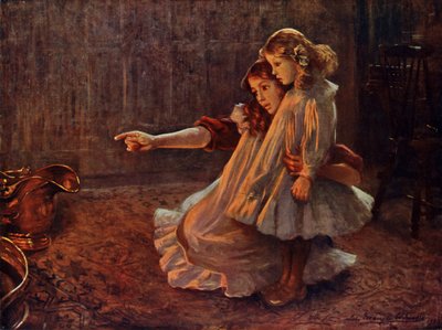 Tváře v plamenech: žena a dítě hledící do ohně (barva litho) od English School