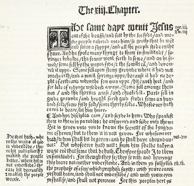 Faksimile evangelia svatého Matouše, kapitola XIII, verše 1-15, z Tyndales Testament, ilustrace z Historie protestantismu od Jamese Aitkena Wylie (1808-1890), pub. 1878 od English School