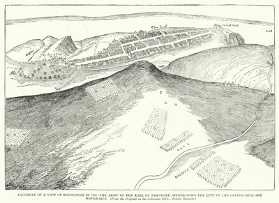 Faksimile pohledu na Edinburgh v roce 1544, vojsko hraběte z Hertfordu se blíží k městu u Calton Hill a Watergate (rytina) od English School