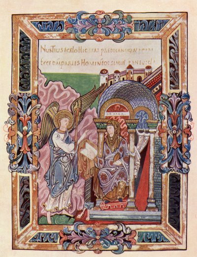 Faksimile stránky z Ethelwold Benedicional zobrazující Zvěstování, z knihy The Church of England: A History for the People, vydané kolem roku 1910 od English School