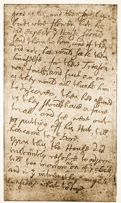 Faksimile stránky poznámek sira Ralpha Verneyse o Dlouhém parlamentu z Memoirs of the Verney Family (sépiová fotografie) od English School