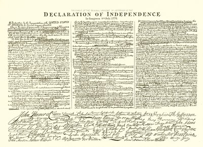 Faksimile původního návrhu Thomase Jeffersona z Deklarace nezávislosti v Kongresu 4. července 1776 od English School