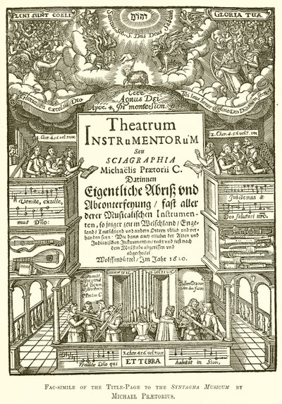 Faksimile titulní strany k Syntagma Musicum od Michaela Praetoria od English School