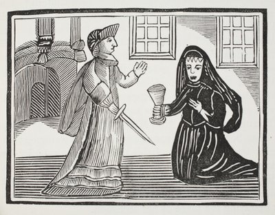 Fair Rosamond je otrávena královnou Eleanor, ilustrace z Chap-books of the Eighteenth Century od Johna Ashtona, hospoda. 1882 od English School